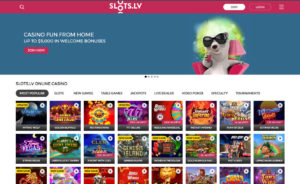 Page d'accueil du Casino Slots LV et Capture d'écran du Bonus de Bienvenue